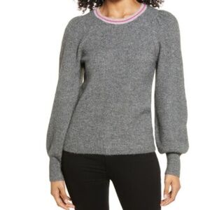 Halogen Gray Ribbed Bubble Sleeve Crew Neck Sweater